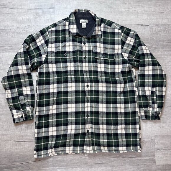 LL Bean Shirt Men's Large Tall Green Plaid Fleece Lined Button Up Shacket - Picture 1 of 10